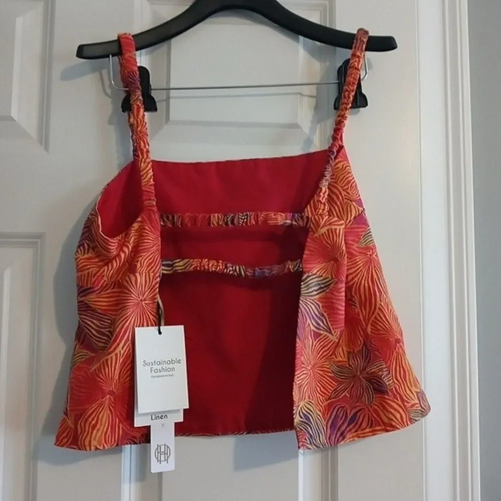 NWT House of Harlow 1960 Tropical Print Open Back Linen Blend Tank Top - Picture 5 of 6
